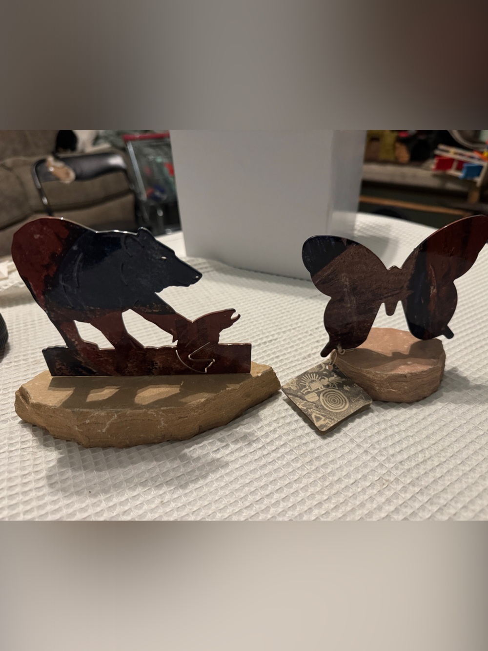 Iron Stone Rustic Brown Metal Butterfly & Bear with Fish Bass Set of 2. EUC